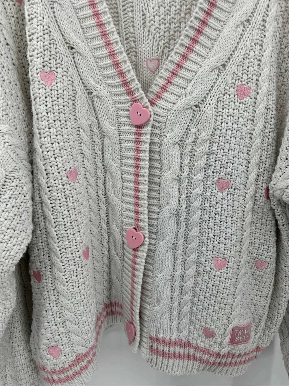 Taylor Swift Lover Cardigan Cream Pink Heart Cable Knit Sweater Size XL/2XL